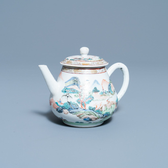 A Chinese famille rose teapot with a fine mountainous landscape, Yongzheng