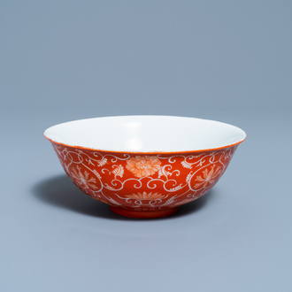 A Chinese coral red-ground bowl, Daoguang mark, Republic