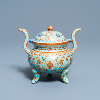 A Chinese famille rose turquoise-ground censer and cover, Republic