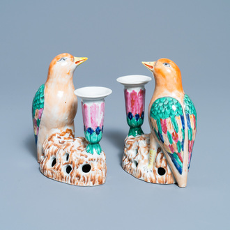 A pair of Chinese famille rose bird-shaped candlesticks, Jiaqing