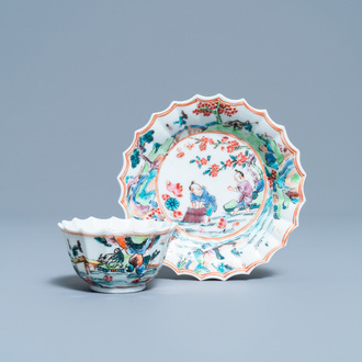 A lobed Chinese famille rose cup and saucer, Yongzheng