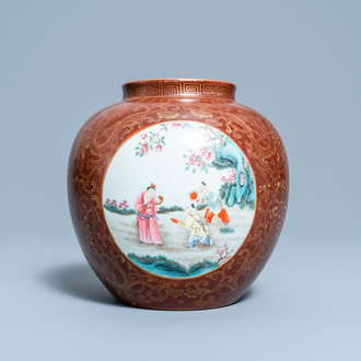 A Chinese gilt-decorated café-au-lait-ground famille rose vase, Qianlong mark, 20th C.