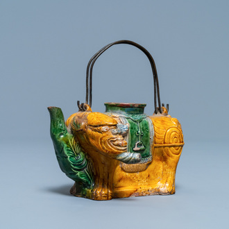 A Chinese sancai-glazed elephant-shaped ewer, Qing