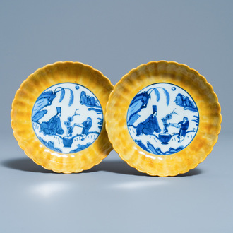 A pair of lobed Chinese blue and white yellow edge plates, 'hare' mark, Wanli