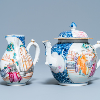 Une théière et une verseuse en porcelaine de Chine famille rose à décor mandarin, Qianlong
