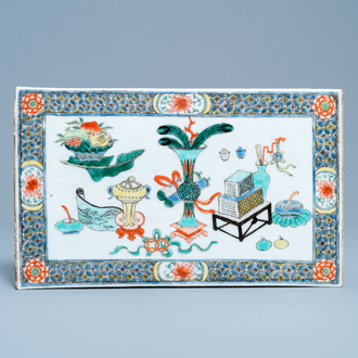 A Chinese famille verte plaque with antiquities, Kangxi