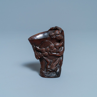 A Chinese carved horn libation cup, Jiaqing