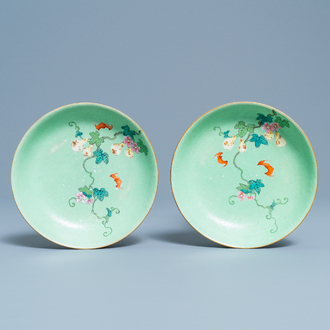 A pair of Chinese famille rose lime green-ground sgraffiato saucer dishes, Qianlong mark and of the period