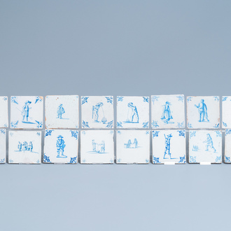 Seize carreaux en faïence de Delft en bleu et blanc à décor de figures, 17ème