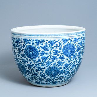 An exceptionally large Chinese blue and white 'lotus scroll' fish bowl, Kangxi