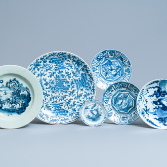 Six Chinese blue and white dishes, Wanli and later