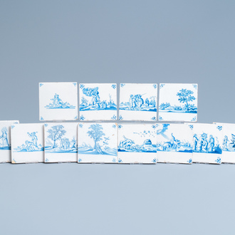 Twelve Dutch Delft blue and white biblical tiles, 17/18th C.