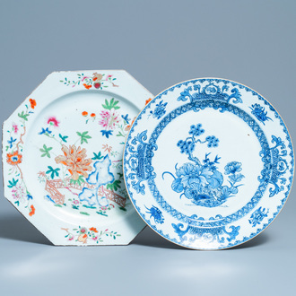 A Chinese octagonal famille rose dish and another in blue and white, Qianlong