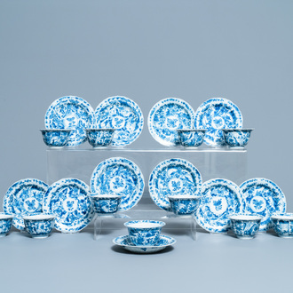 Eleven Chinese blue and white lobed cups and saucers, Kangxi