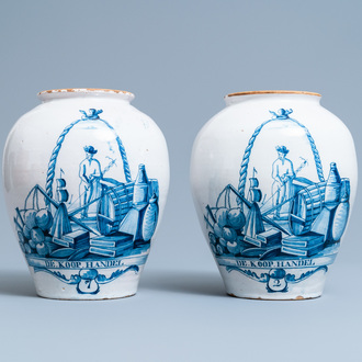 A pair of Dutch Delft blue and white tobacco jars with a trader, 18th C.