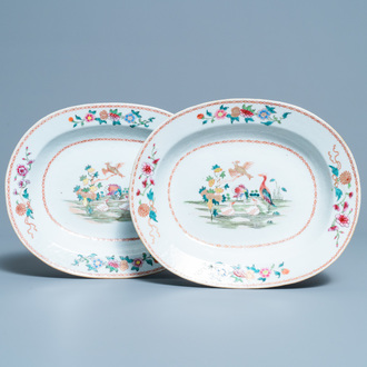 A pair of Chinese famille rose 'ducks in a pond' dishes, Qianlong