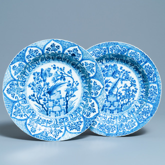 A pair of Chinese blue and white 'pheasant' chargers, Kangxi