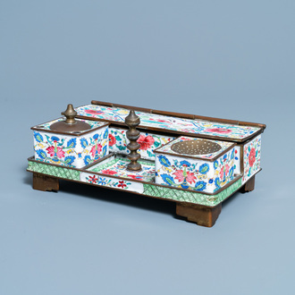 A Chinese Canton enamel inkwell set on stand, Qianlong