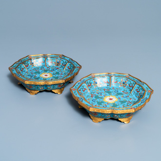 A pair of Chinese cloisonné flower-shaped dishes, Qianlong