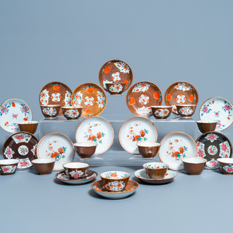 Sixteen Chinese famille rose capucin-ground cups and saucers, Qianlong