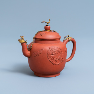 A Chinese gilt-mounted Yixing stoneware teapot and cover, Kangxi