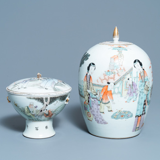 Un bol couvert et une jarre en porcelaine de Chine qianjiang cai, 19/20ème