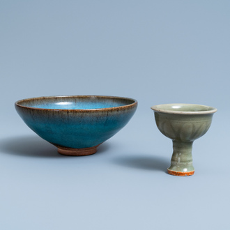 A Chinese Longquan celadon stem cup and a Junyao bowl, Ming and/or later