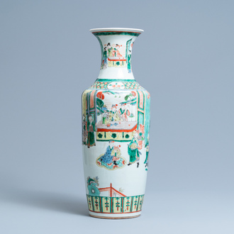 A Chinese famille verte rouleau vase, 19th C.