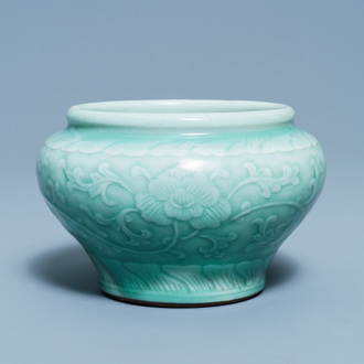 A Chinese celadon jar with floral design, Chenghua mark, Qianlong