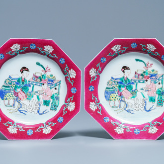 A pair of Chinese octagonal famille rose 'ruby border' plates, Yongzheng