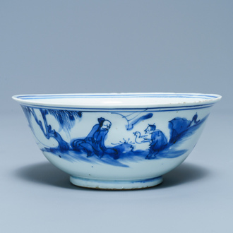 Un bol en porcelaine de Chine en bleu et blanc à décor de Wang Xizhi, époque Transition