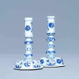 A pair of Chinese blue and white candlesticks, Kangxi