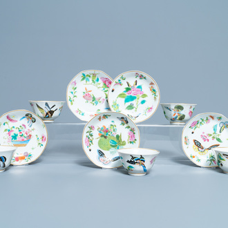 Five Chinese Canton famille rose 'butterfly' cups and saucers, 19th C.