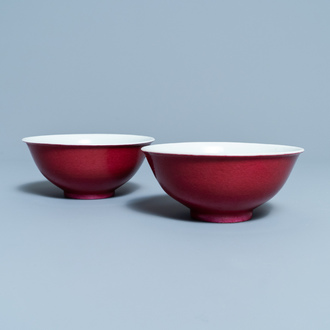 A pair of Chinese monochrome ruby red bowls, Jiaqing mark and of the period