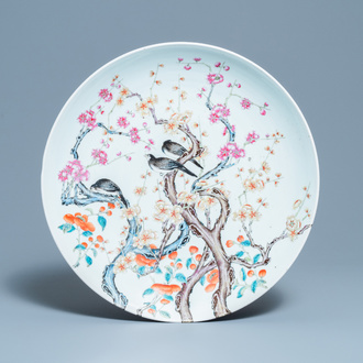 A large Chinese famille rose 'prunus and magpie' dish, Qianlong mark, 19th C.
