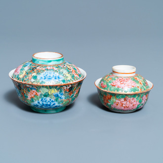 Two Chinese Thai market Bencharong bowls and covers, 19th C.