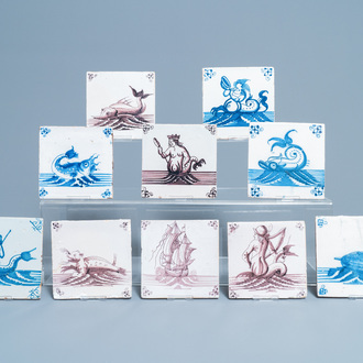 Ten Dutch Delft blue and white and manganese tiles with seacreatures, 17/18th C.