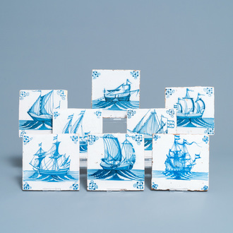 Eight Dutch Delft blue and white tiles with ships, 18th C.