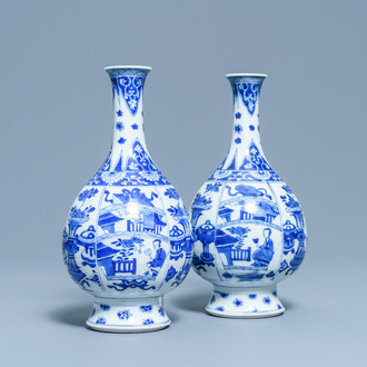 A pair of Chinese blue and white bottle vases, Kangxi