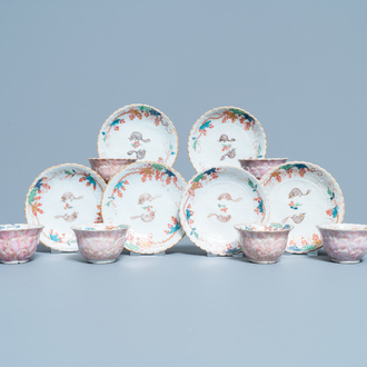 Six Chinese famille rose lotus-molded cups and saucers, Yongzheng