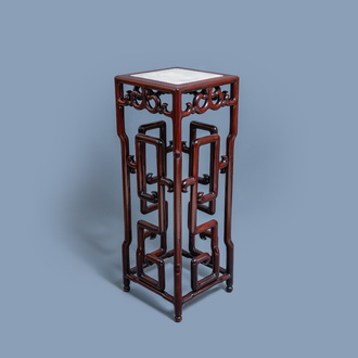 A tall Chinese marble-inlaid wooden stand, 20th C.
