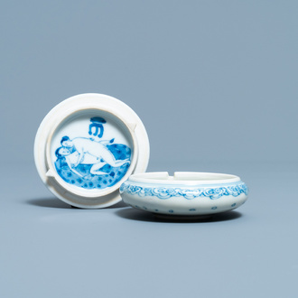 A rare Chinese blue and white 'erotical subject' box and cover, Kangxi