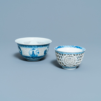 A Chinese blue and white reticulated bowl and a double-walled cup, Transitional period and Kangxi