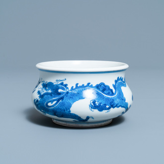 A Chinese blue and white 'dragon and phoenix' censer, Kangxi