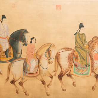 Ecole chinoise, encre et couleurs sur soie, 19/20ème: 'Trois chevaliers'