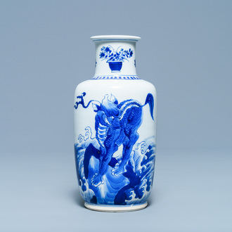 A Chinese blue and white rouleau vase with qilins, Kangxi