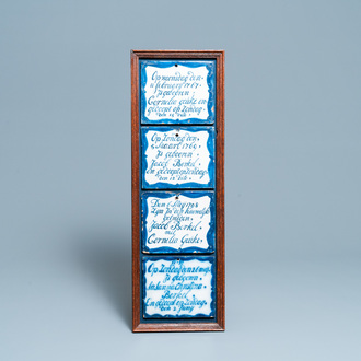 Quatre carreaux commémoratifs datés en faïence de Delft en bleu et blanc, Aalmis, Rotterdam, 18ème