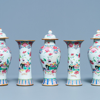 A Chinese famille rose garniture of five vases with antiquities, Qianlong