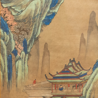 After Qiu Ying (1494 - 1552), ink and color on paper: 'Mountainous landscape', 19/20th C.