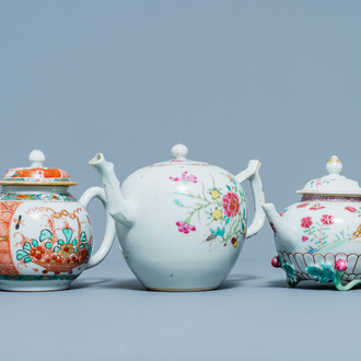 Two Chinese famille rose teapots and one Dutch-decorated teapot, Kangxi/Qianlong